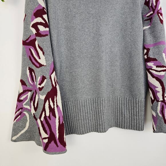 CAbi Eden Pullover Turtleneck Knit Sweater Gray Floral Flare Sleeve Large Casual - Picture 9 of 14